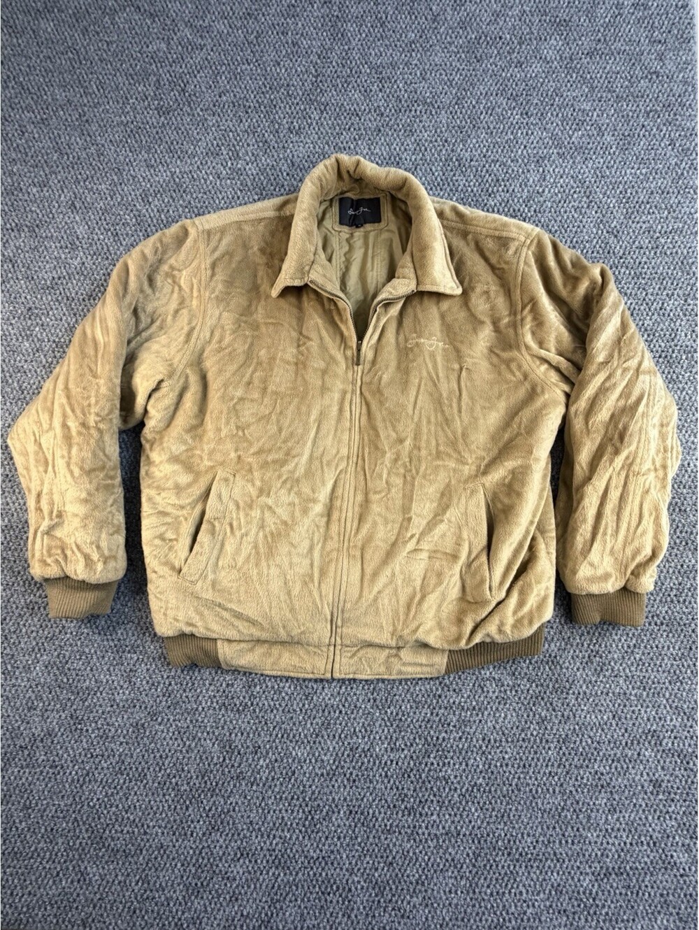 Sean John Velour Bomber Jacket Tan Full Zip Embroidered Logo Men’s XL